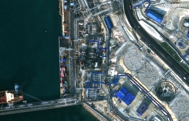 FILE PHOTO: A satellite image shows an overview of a damaged oil facilities at Russia's Novorossiysk Port after a Ukranian missile and drone attack, in Novorossiysk, Russia, November 16, 2025. 2025 Vantor/Handout via REUTERS/File Photo
