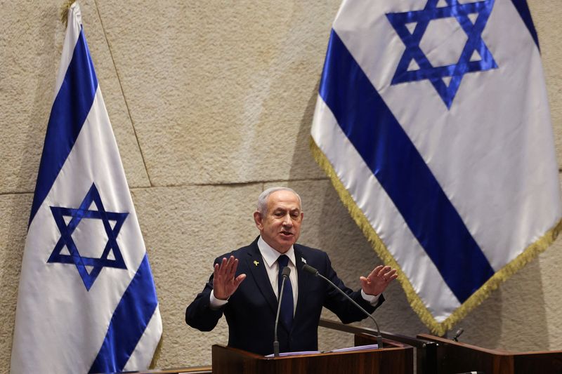 Israeli Prime Minister Benjamin Netanyahu speaks at the plenum of the Knesset, Israel's parliament, in Jerusalem, November 10, 2025. REUTERS/Ronen Zvulun