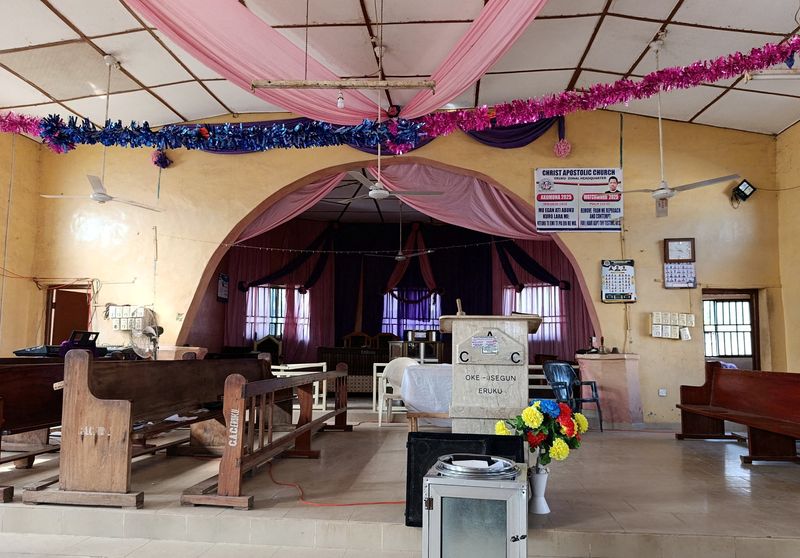 FILE PHOTO: An interior view of the Christ Apostolic Church, the day after an attack by gunmen in which people were killed and the pastor and some worshippers kidnapped, in the town of Eruku, Kwara state, Nigeria, November 19, 2025.   REUTERS/Abdullahi Dare Akogun/File Photo