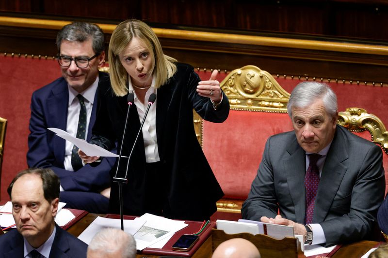 Italy's Prime Minister Giorgia Meloni addresses the upper house of the Parliament in Rome, ahead of a European Union leaders' summit, in Rome, Italy, March 18, 2025. REUTERS/Remo Casilli