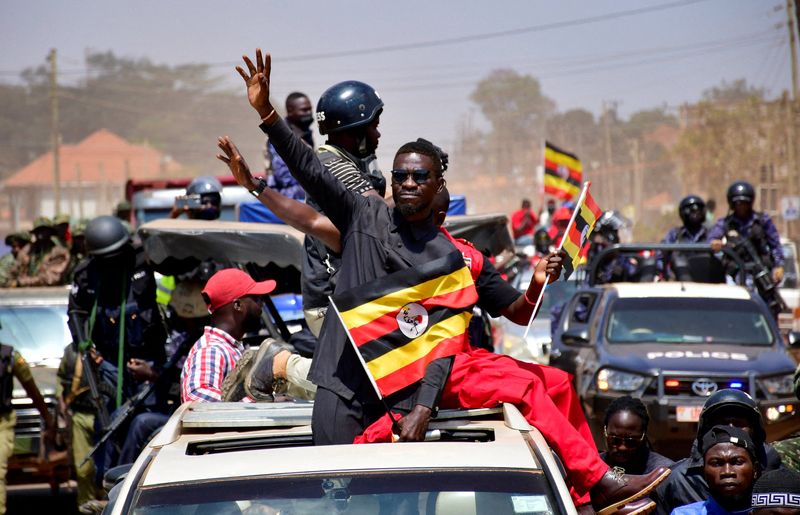 FILE PHOTO: Ugandan Presidential candidate Robert Kyagulanyi, also known as Bobi Wine, of the National Unity Platform (NUP) party, campaigns ahead of the general elections in Kira Municipality, Wakiso district on the outskirts of Kampala, Uganda December 1, 2025. REUTERS/Abubaker Lubowa/File Photo