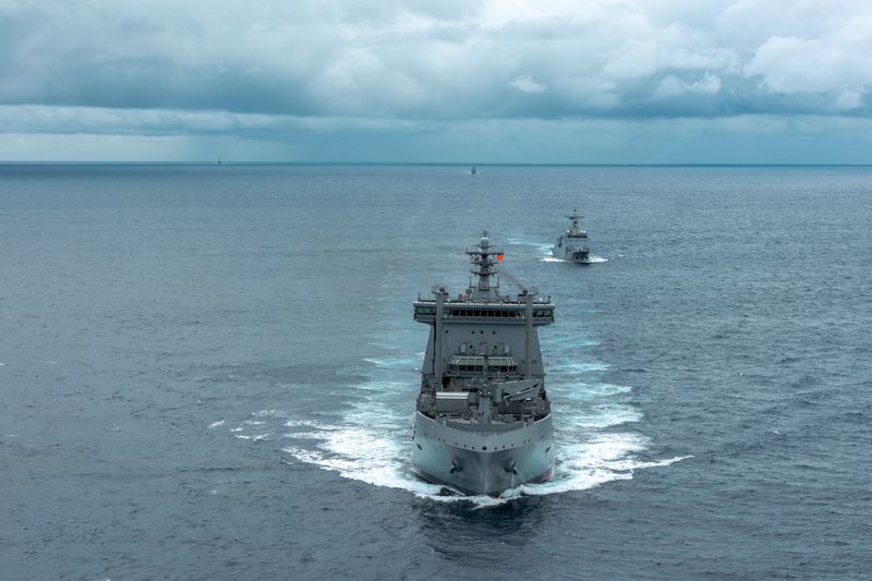 The New Zealand navy ship HMNZS Aotearoa (centre) navigates in the South China Sea while conducting exercises as part of a multilateral Maritime Cooperative Activity between Australia, New Zealand, the Philippines and the United States, October 30, 2025. LSA Jess Muir/Australian Department Of Defence/Handout via REUTERS