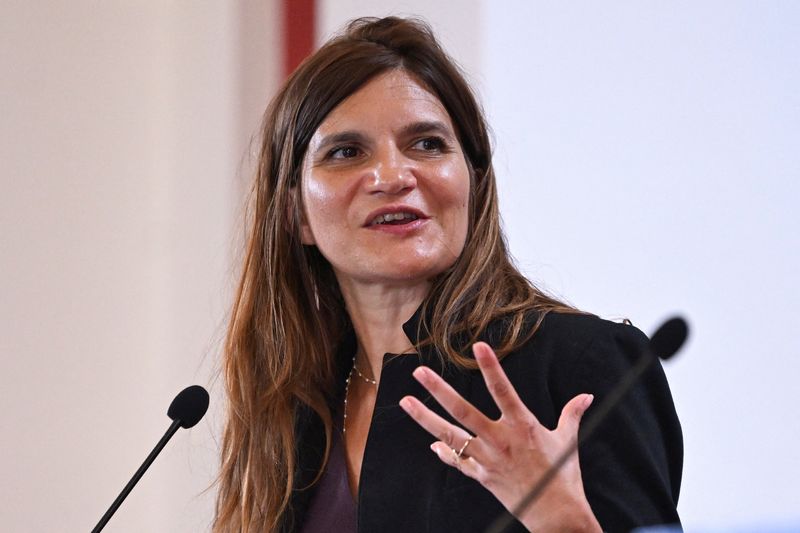 Alice Rufo, the French director general of international relations and strategy, speaks a joint press conference, alongside British, Italian, Polish and German officials, after the Group of Five (E5) defence ministers' meeting at Royal Artillery Barracks, Woolwich, in London, Britain, September 10, 2025. REUTERS/Jaimi Joy