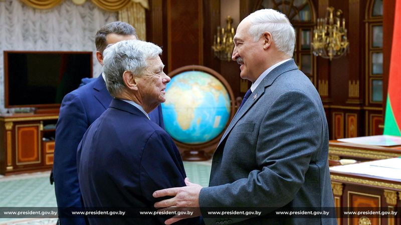 Belarusian President Alexander Lukashenko attends a meeting with John Coale, a representative of U.S. President Donald Trump, in Minsk, Belarus December 12, 2025. President of the Republic of Belarus/Handout via REUTERS