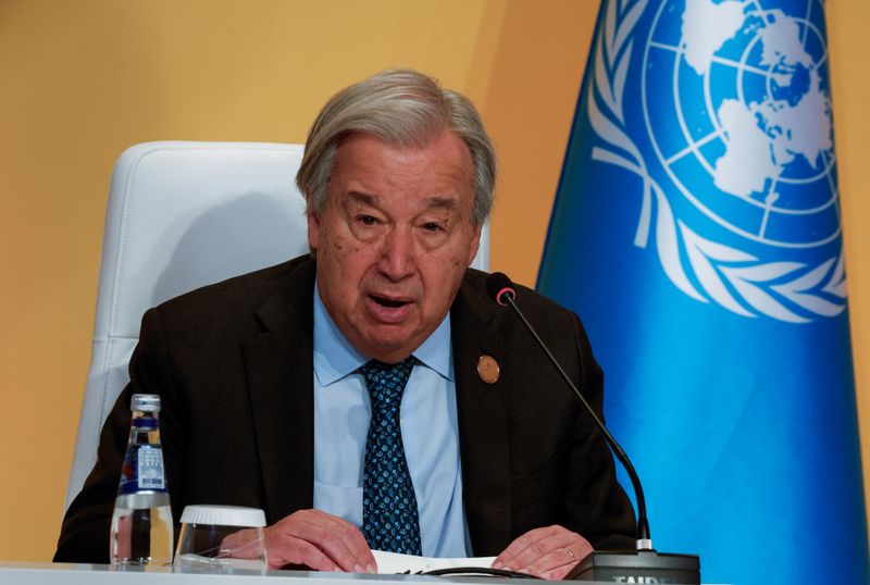 United Nations Secretary-General Antonio Guterres speaks on the day of the Second World Summit for Social Development, focusing on advancing social development and reaffirming commitments to the Copenhagen Declaration, in Doha, Qatar, November 4, 2025. REUTERS/Ibraheem Abu Mustafa