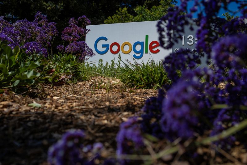 A Google logo is seen at a company research facility in Mountain View, California, U.S., May 13, 2025. REUTERS/Carlos Barria