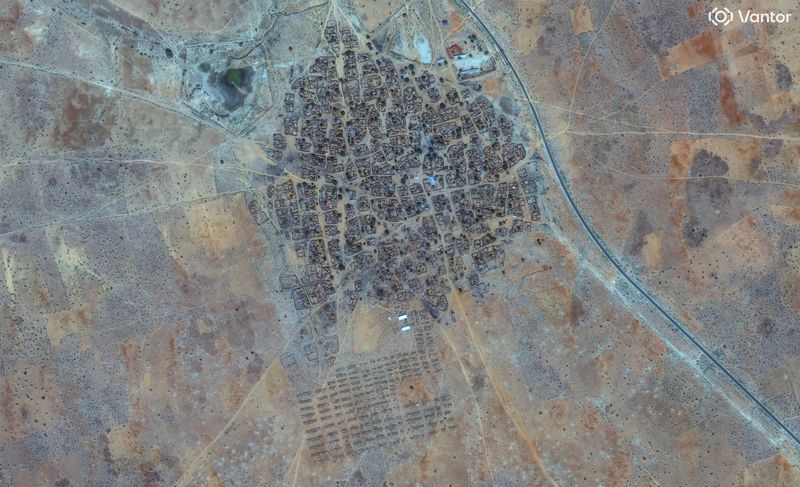 A satellite image shows a closer view of Garney village after new temporary shelters were set up, northwest of al-Fashir, Sudan, November 28, 2025. Vantor/Handout via REUTERS