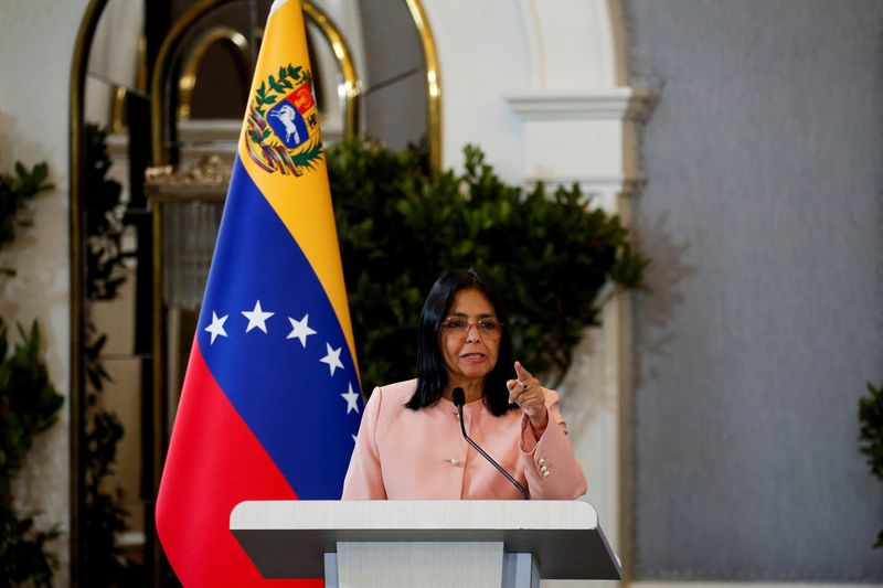 Venezuela's Vice President Delcy Rodriguez speaks during a session of the National Council for Sovereignty and Peace, in Caracas, Venezuela September 29, 2025. REUTERS/Leonardo Fernandez Viloria