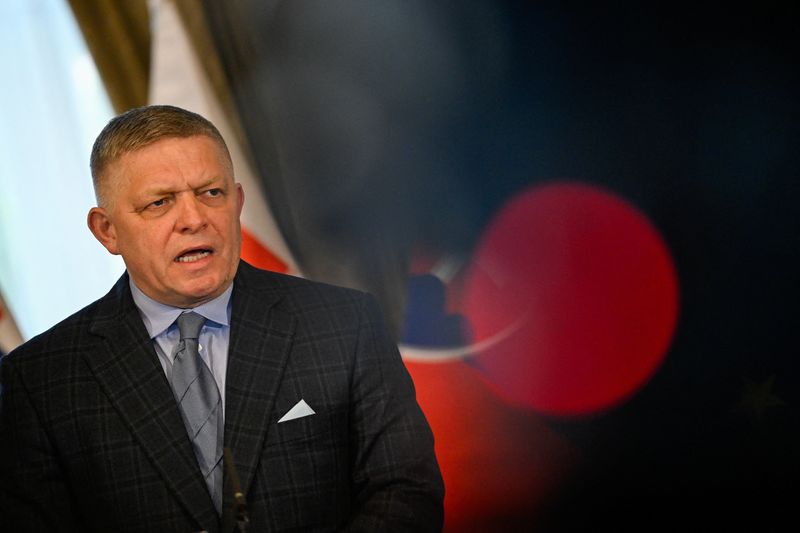 Slovakia's Prime Minister Robert Fico attends a press conference with Czech Prime Minister Andrej Babis (not pictured), in Bratislava, Slovakia, January 8, 2026. REUTERS/Radovan Stoklasa