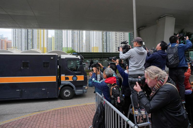 A prison van believed to be carrying Jimmy Lai arrives at the West Kowloon Magistrates' Courts building for the mitigation in the national security collusion trial of Jimmy Lai, founder of the now-defunct pro-democracy newspaper Apple Daily, in Hong Kong, China, January 12, 2026. REUTERS/Lam Yik