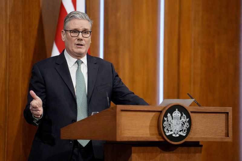 FILE PHOTO: British Prime Minister Keir Starmer speaks to the media in the briefing room of 9 Downing Street in central London, Britain, after U.S. President Donald Trump's threats to ramp up tariffs until a deal is reached for the U.S. to buy Greenland. January 19, 2026. Jordan Pettitt/Pool via REUTERS//File Photo
