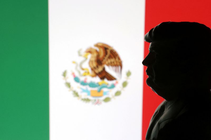 A 3D-printed miniature model of U.S. President Donald Trump and the Mexican flag are seen in this illustration taken January 27, 2025. REUTERS/Dado Ruvic/Illustration
