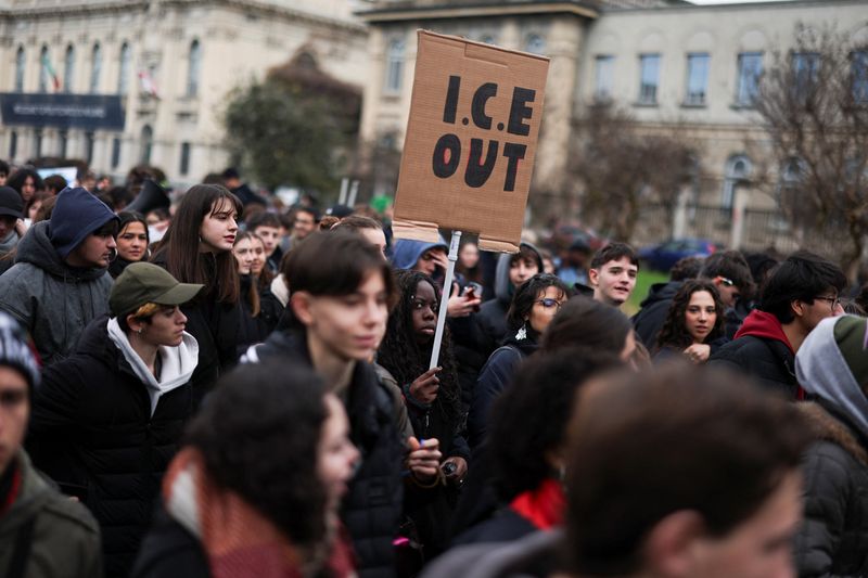 People protest against U.S. Immigration and Customs Enforcement (ICE) personnel who will help protect U.S. delegations at the Milano Cortina 2026 Winter Olympics, in Milan, Italy, February 6, 2026.    REUTERS/Alkis Konstantinidis