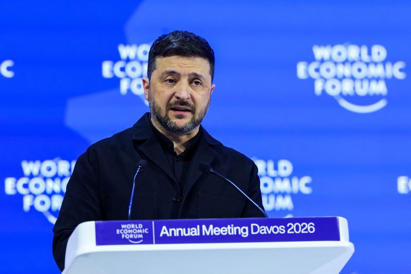 Ukrainian President Volodymyr Zelenskiy speaks at the 56th annual World Economic Forum (WEF) meeting in Davos, Switzerland, January 22, 2026. REUTERS/Denis Balibouse/File Photo