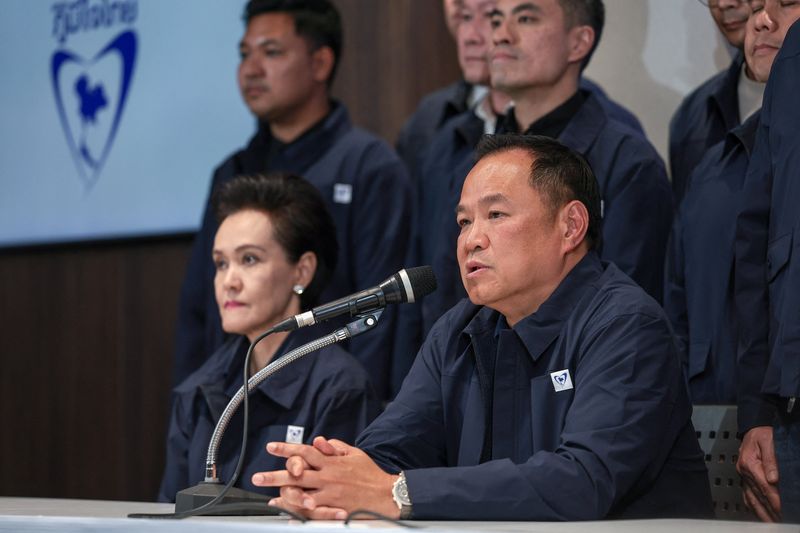 Thailand's caretaker Prime Minister Anutin Charnvirakul, Bhumjaithai Party leader and prime ministerial candidate, speaks during a press conference at the party headquarters on the day of the general election, in Bangkok, Thailand, February 8, 2026. REUTERS/Chalinee Thirasupa