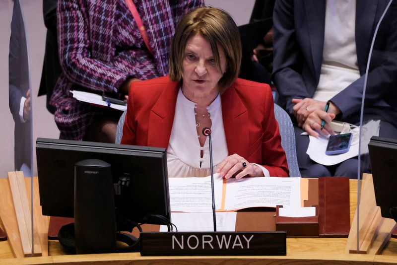 FILE PHOTO: Norway's Ambassador to the United Nations Mona Juul addresses the United Nations Security Council at the United Nations Headquarters in Manhattan, New York City, New York, U.S., April 5, 2022. REUTERS/Andrew Kelly/File Photo