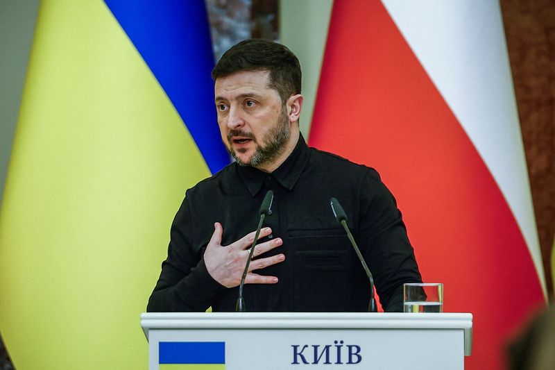 Ukrainian President Volodymyr Zelenskiy speaks during a joint press conference with Polish Prime Minister Donald Tusk (not pictured), amid Russia's attack on Ukraine, in Kyiv, Ukraine February 5, 2026. REUTERS/Alina Smutko