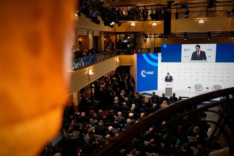 U.S. Secretary of State Marco Rubio speaks at the Munich Security Conference in Munich, Germany, Saturday, Feb. 14, 2026.     Alex Brandon/Pool via REUTERS