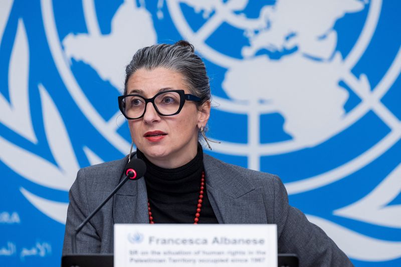 Special Rapporteur on the situation of human rights in the occupied Palestinian territory, Francesca Albanese, speaks during a press conference at the European headquarters of the UN in Geneva, Switzerland, December 11, 2024. REUTERS/Pierre Albouy