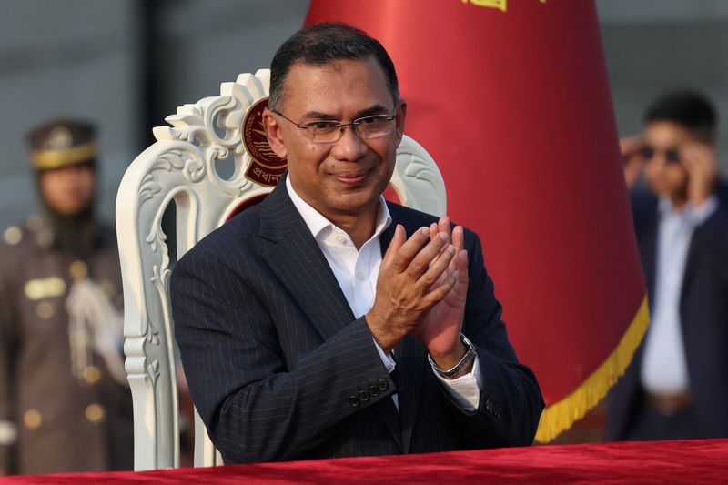 Bangladesh’s newly sworn in Prime Minister Tarique Rahman claps during an oath taking ceremony at the South Plaza of the parliament building, following BNP's landslide victory in the national polls, in Dhaka, Bangladesh, February 17, 2026. REUTERS/Mohammad Ponir Hossain