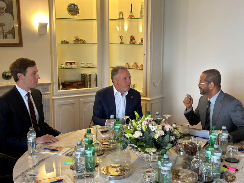 Oman's Foreign Minister Sayyid Badr bin Hamad Al Busaidi meets with U.S. Special Envoy Steve Witkoff and U.S. President Donald Trump's son-in-law, Jared Kushner ahead of the indirect U.S.-Iran talks, in Geneva, Switzerland, February 17, 2026. Oman’s Ministry Of Foreign Affairs/Handout via REUTERS