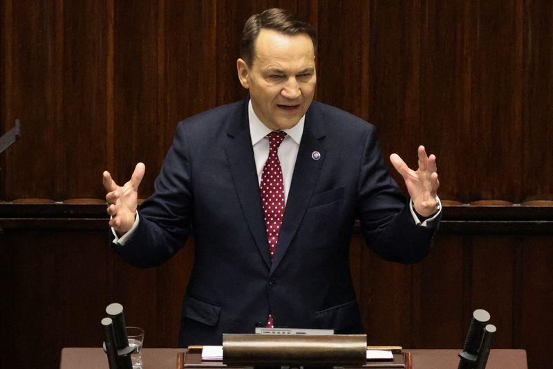 Polish Deputy Prime Minister and Foreign Minister Radoslaw Sikorski speaks in parliament during his foreign policy expose, in Warsaw, Poland, February 26, 2026. REUTERS/Kuba Stezycki