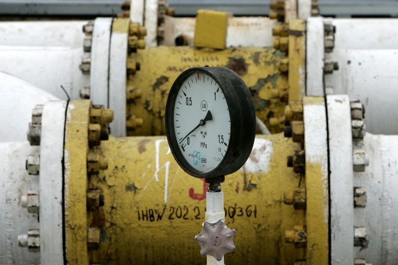 FILE PHOTO: A meter shows near zero-level pressure at a line production station on a Druzhba pipeline in Brody, some 460 km (286 miles) west of Kiev January 10, 2007.    REUTERS/Gleb Garanich/File Photo