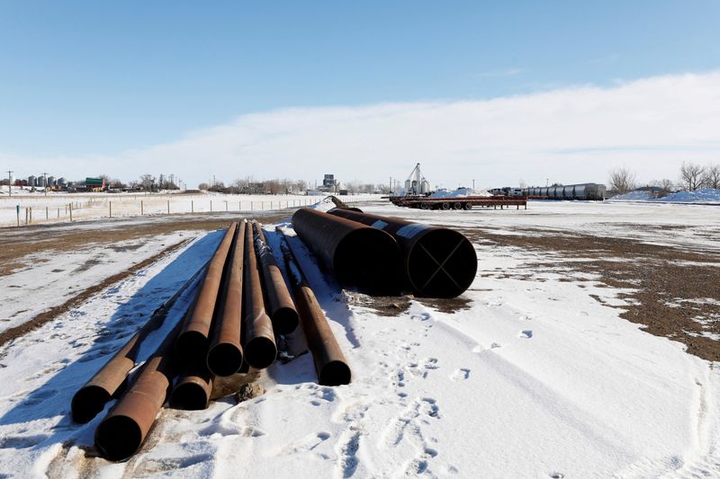 FILE PHOTO: A supply depot servicing the Keystone XL crude oil pipeline lies idle in Oyen, Alberta, Canada February 1, 2021.  REUTERS/Todd Korol/File Photo