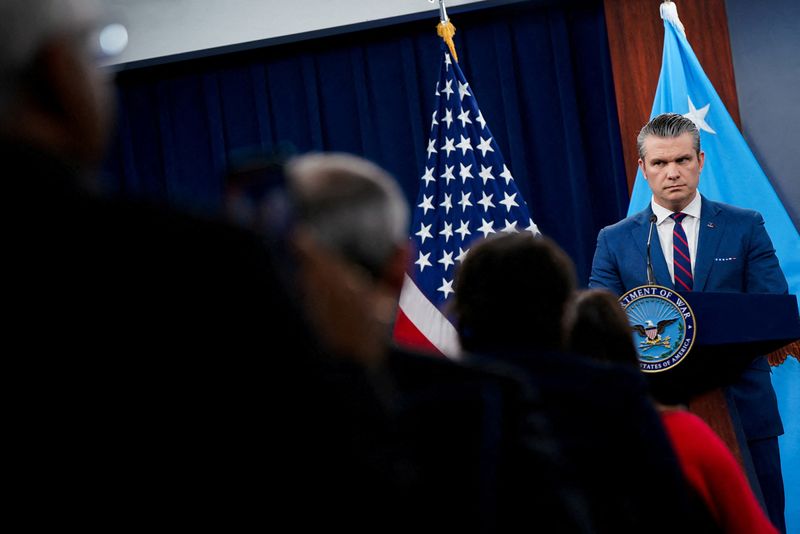 FILE PHOTO: U.S. Secretary of Defense Pete Hegseth holds a briefing amid the U.S.-Israeli conflict with Iran, at the Pentagon in Washington, D.C., U.S., March 2, 2026. REUTERS/Elizabeth Frantz/File Photo