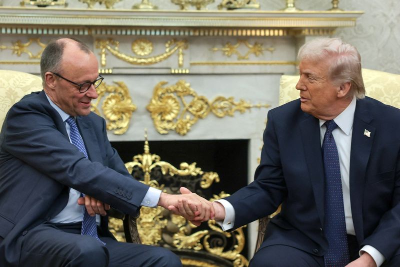 U.S. President Donald Trump and German Chancellor Friedrich Merz shake hands as they meet in the Oval Office at the White House in Washington, D.C., U.S., March 3, 2026. REUTERS/Jonathan Ernst