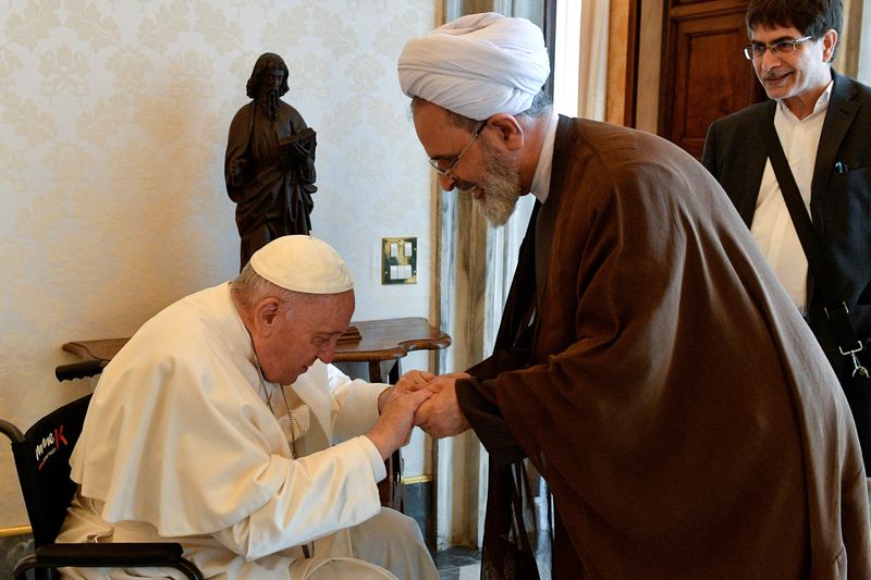 FILE PHOTO: Pope Francis receives Ayatollah Alireza Arafi, president of Islamic Seminaries of Iran, and entourage in a private audience at the Vatican May 30, 2022. Vatican Media/Handout via REUTERS THIS IMAGE HAS BEEN PROVIDED BY A THIRD PARTY/File Photo