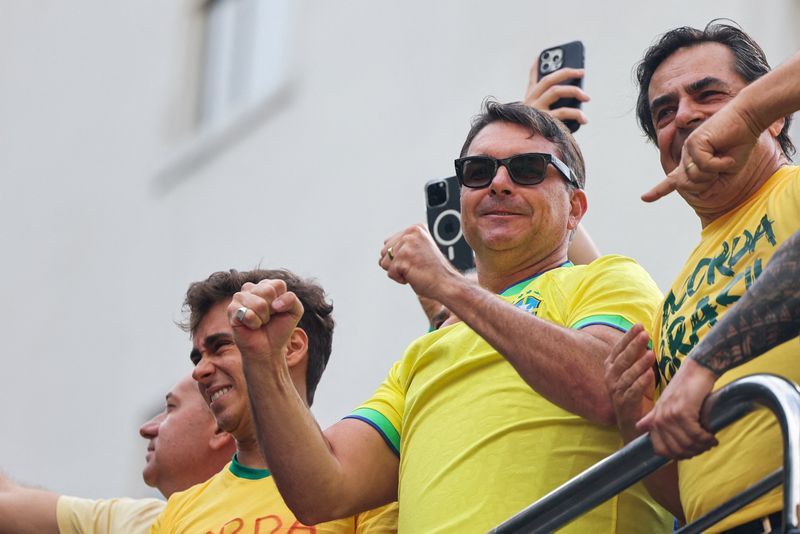 Brazil's senator Flavio Bolsonaro gestures, as he takes part in a campaign rally, as a pre-candidate of the right-wing, ahead of the presidential elections, in Sao Paulo, Brazil, March 1, 2026. REUTERS/Jorge Silva