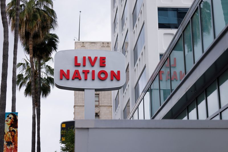 A Live Nation sign stands next to an office building along Hollywood Blvd, after the U.S. Department of Justice and a group of states filed an antitrust lawsuit against Live Nation Entertainment, in Los Angeles, California, U.S., May 23, 2024.  REUTERS/Mike Blake