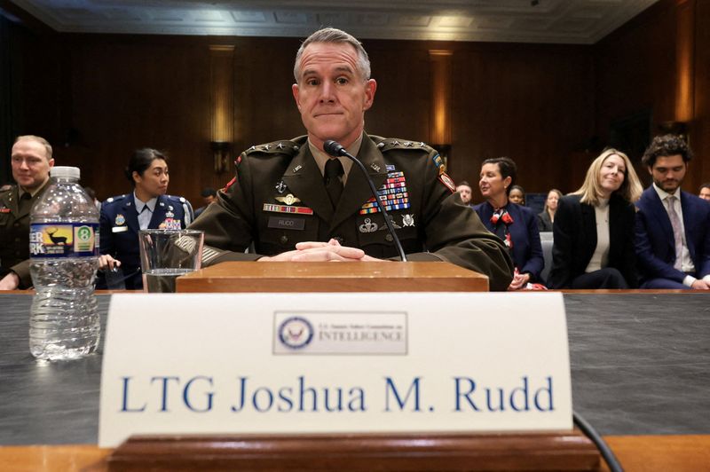 FILE PHOTO: U.S. Army Lieutenant General Joshua Rudd, Deputy Commander of U.S. Indo-Pacific Command, President Donald Trump's nominee to lead the National Security Agency and U.S. Cyber Command, takes his seat to testify before a Senate Intelligence Committee confirmation hearing on Capitol Hill in Washington, D.C., U.S., January 29, 2026. REUTERS/Jonathan Ernst/File Photo