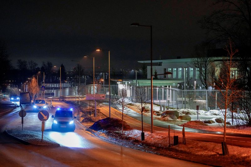 Police vehicles outside the U.S. embassy, after a loud bang was reported at the site, in Oslo, Norway, March 8, 2026. Javad Parsa/NTB/via REUTERS