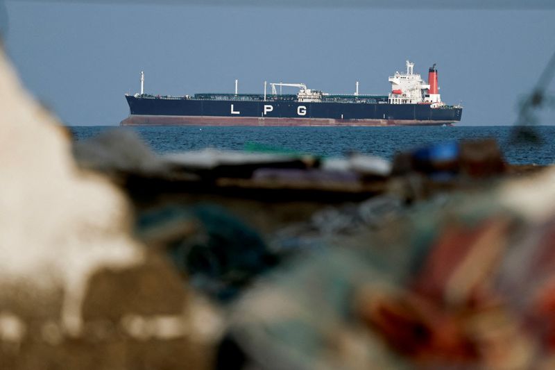 An LPG gas tanker at anchor as traffic is down in the Strait of Hormuz, amid the U.S.-Israeli conflict with Iran, in Shinas, Oman, March 11, 2026. REUTERS/Benoit Tessier