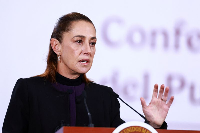Mexico's President Claudia Sheinbaum speaks during a press conference about the wave of violence in Mexico, following the killing of Mexican drug lord Nemesio Oseguera, known as 'El Mencho', in a military operation on Sunday, at Palacio Nacional, in Mexico City, Mexico, February 23, 2026. REUTERS/Raquel Cunha