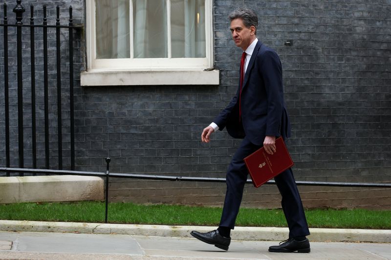 British Secretary of State for Energy Security and Net Zero Ed Miliband walks towards 10 Downing Street, on the day of a cabinet meeting, in London, Britain, March 17, 2026. REUTERS/Isabel Infantes