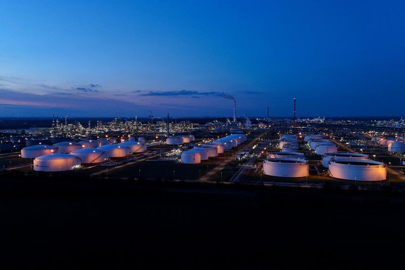 FILE PHOTO: A drone view of oil storage containers and facilities of the TotalEnergies refinery in the Leuna Chemical Complex, in Leuna, Germany, March 17, 2026. REUTERS/Annegret Hilse/File Photo