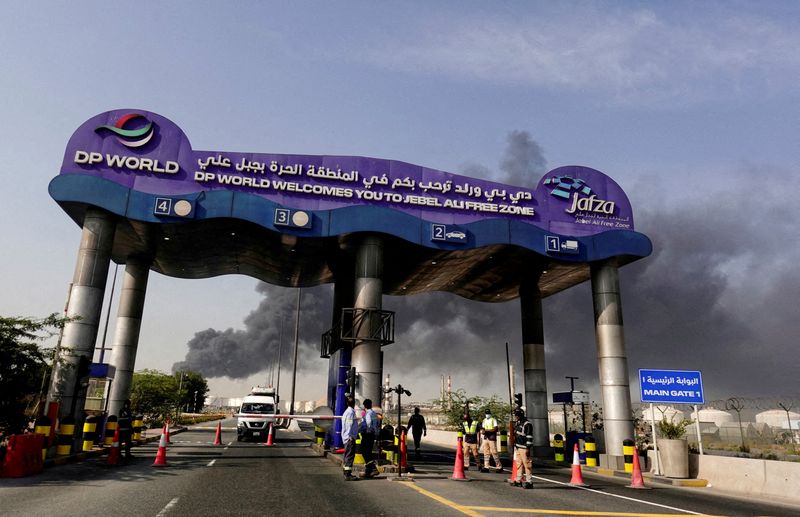 FILE PHOTO: Smoke billows from Jebel Ali port after an Iranian attack, following United States and Israel strikes on Iran, United Arab Emirates, March 1, 2026. REUTERS/Amr Alfik/File Photo