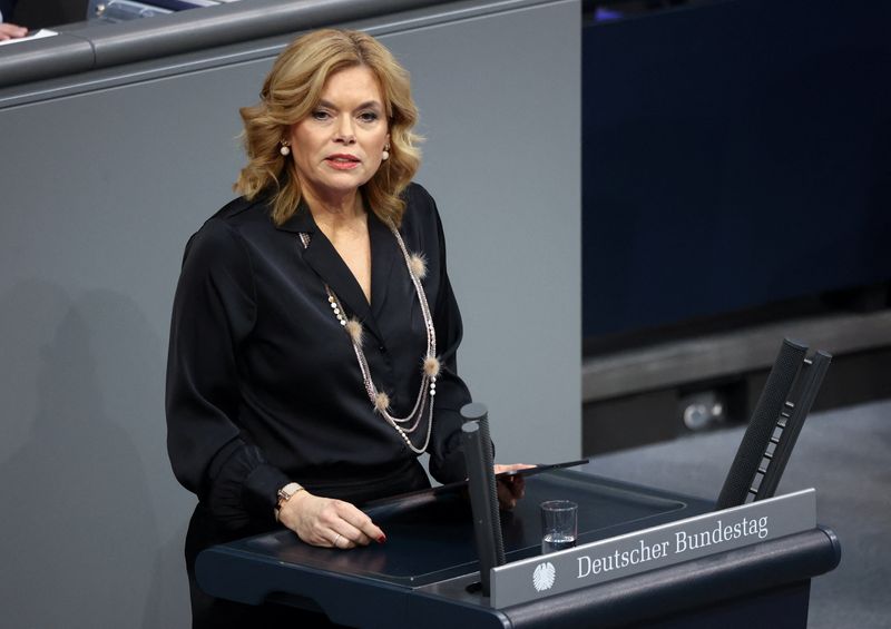 Julia Kloeckner, president of Germany's lower house of parliament, the Bundestag, speaks during a debate on violence against women and girls, at the Bundestag, in Berlin, Germany, March 25, 2026. REUTERS/Liesa Johannssen