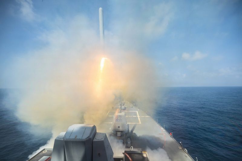 FILE PHOTO: Arleigh Burke-class guided-missile destroyer USS Spruance fires a Tomahawk Land Attack Missile in support of Operation Epic Fury, at an undisclosed location, February 28, 2026. U.S. Navy/Handout via REUTERS/File Photo