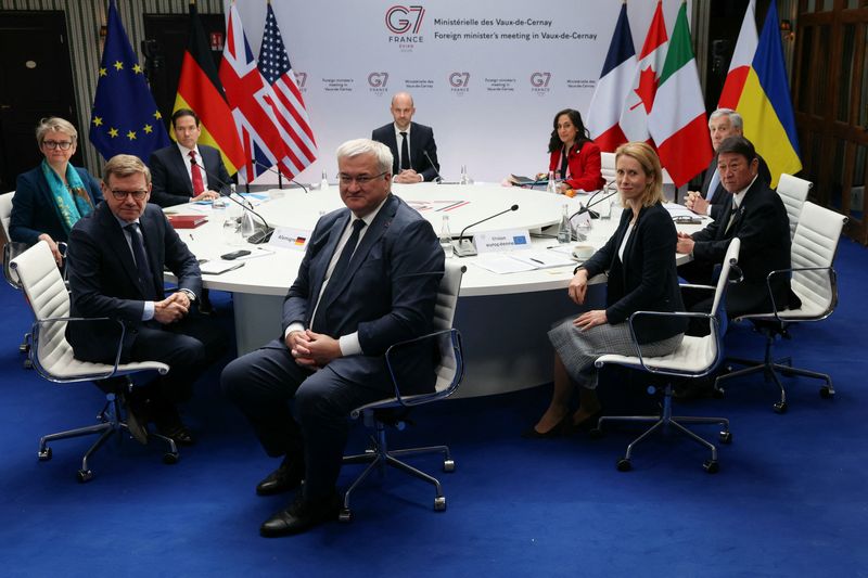 Ukraine's Foreign Minister Andrii Sybiha, Germany's Foreign Minister Johann Wadephul, Britain's Foreign Secretary Yvette Cooper, U.S. Secretary of State Marco Rubio, France's Foreign Affairs Minister Jean-Noel Barrot, Canada's Foreign Minister Anita Anand, Italy's Foreign Minister Antonio Tajani, Japan’s Foreign Minister Toshimitsu Motegi and EU High Representative and Vice-President for Foreign Affairs and Security Policy Kaja Kallas attend talks during a G7 Foreign Ministers' meeting with Partner Countries at the Vaux-de-Cernay Abbey in Cernay-la-Ville outside Paris, France, March 27, 2026.  ALAIN JOCARD/Pool via REUTERS