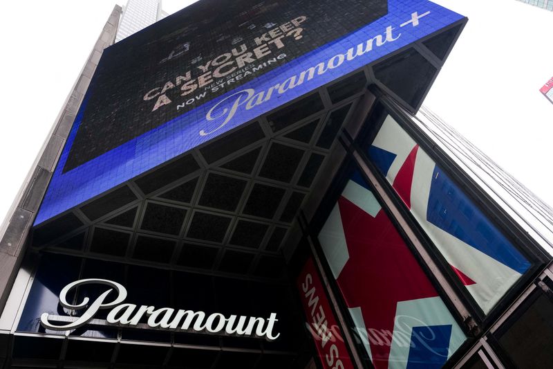 Paramount sign outside their offices at 1515 Broadway in New York City, U.S., February 17, 2026. REUTERS/Adam Gray
