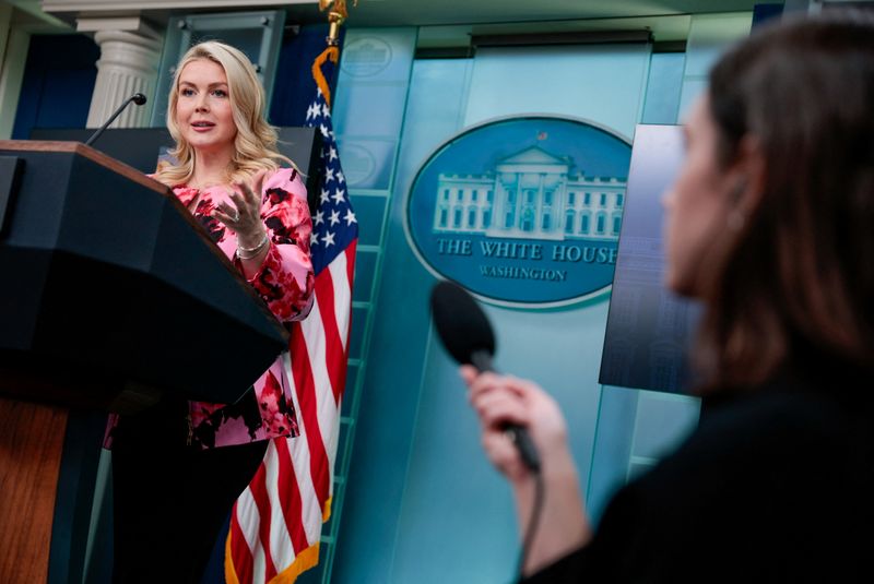 White House Press Secretary Karoline Leavitt speaks during a press briefing in the James S. Brady Press Briefing Room at the White House in Washington, D.C., U.S., March 30, 2026. REUTERS/Evan Vucci