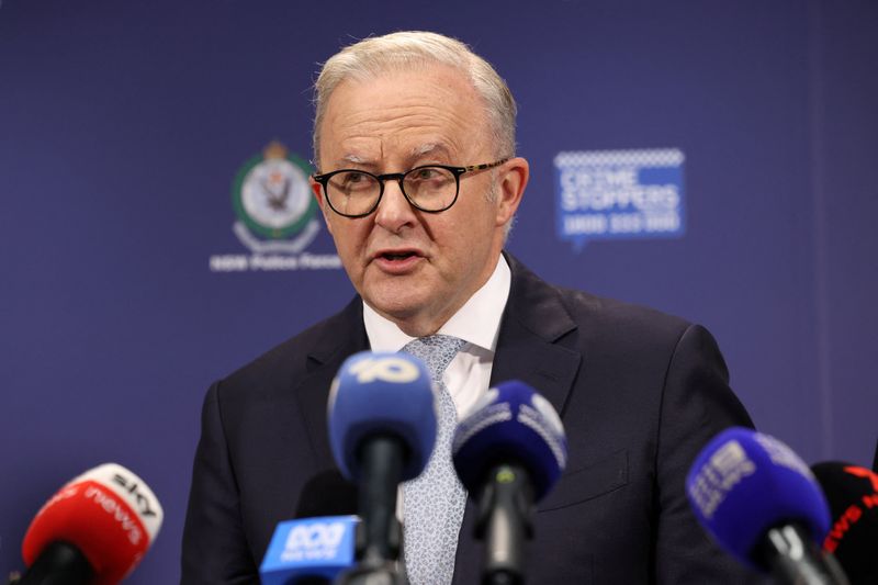 FILE PHOTO: Australian Prime Minister Anthony Albanese speaks during a press conference at NSW Police headquarters, following a deadly shooting incident during a Jewish holiday celebration at Bondi Beach, in Sydney, Australia, December 16, 2025. REUTERS/Hollie Adams/File Photo