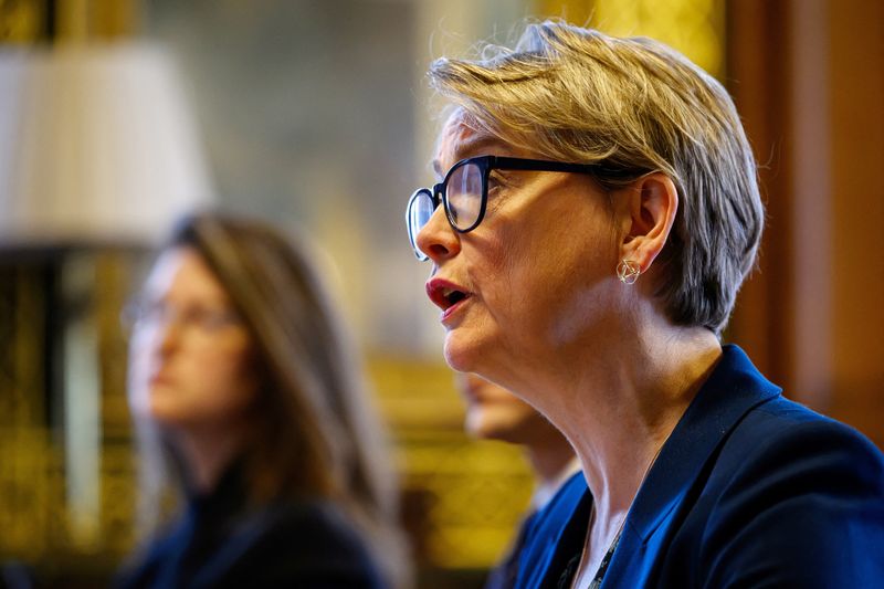 British Foreign Secretary Yvette Cooper speaks during a virtual summit at the Foreign & Commonwealth Office in London, England, April 2, 2026. Leon Neal/Pool via REUTERS