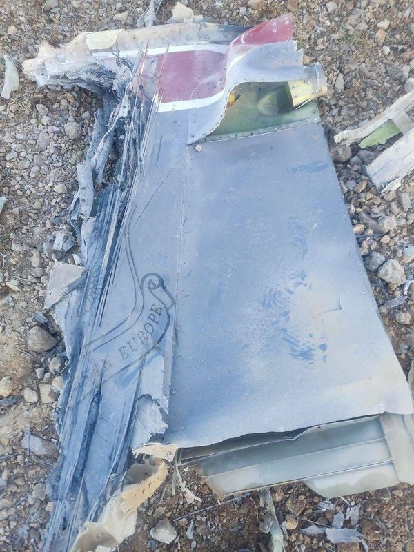 The Iranian state media said to show fragments of a downed U.S. jet in this picture said to be taken in central Iran and released on April 3, 2026. IRIB/Handout via REUTERS