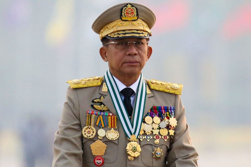 FILE PHOTO: Myanmar's junta chief Senior General Min Aung Hlaing, who ousted the elected government in a coup on February 1, presides an army parade on Armed Forces Day in Naypyitaw, Myanmar, March 27, 2021. REUTERS/Stringer/File Photo