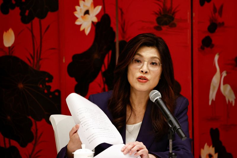 Cheng Li-wun, chairperson of the Kuomintang (KMT), Taiwan's largest opposition party, attends a press conference following her meeting with Chinese President Xi Jinping, in Beijing, China, April 10, 2026. REUTERS/Tingshu Wang